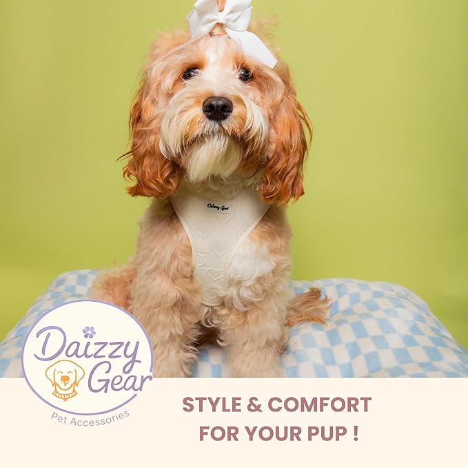 Large Dog Harness Set – Cute No Pull, All Weather, Breathable Harness and Leash Set with Collar, Bandana, Sailor Bow & Poop Bag Holder – Adjustable, Soft & Stylish – Cream Hearts on Jacquard Fabric