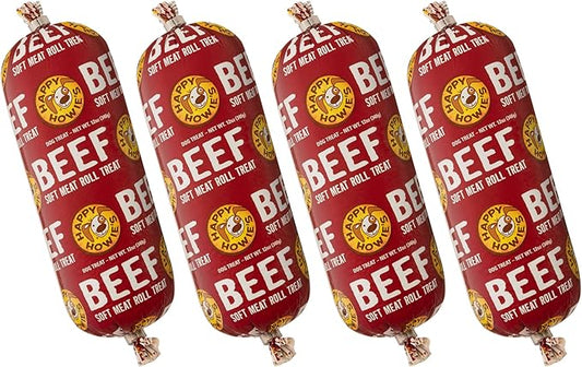 Happy Howie's Soft Meat Roll Treat - Soft Dog Food Beef Rolls, High Protein, Natural Ingredients, for All Dogs, Made in USA - Beef, 12 Oz (Pack of 4)