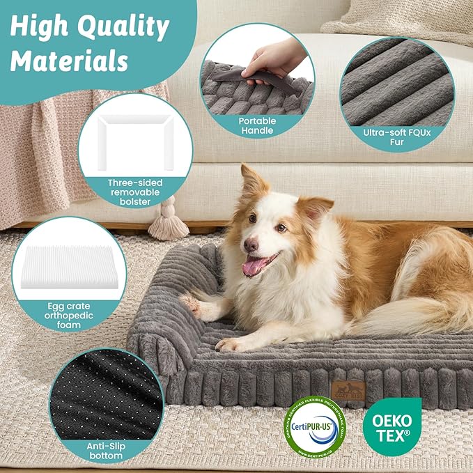 Cute Dog Bed, Faux Fur Orthopedic Foam Dog Bed with Sides, Removable Washable Cover & Waterproof Lining, Comfortable Pet Couch for Medium Dogs, Grey (36" L x 27" W x 6.5" Th)
