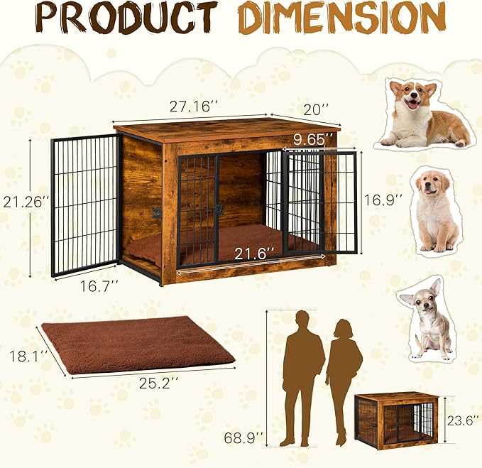 Bigrab Dog Crate Furniture with Thick Cushion, Side End Table Wooden Dog Cage with Double Doors, Chew-Resistant Dog Kennel Dog House Indoor for Small to Large Dog, S