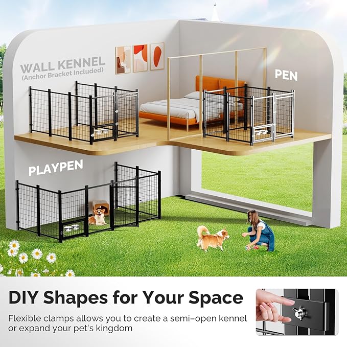 Sino Luban 2PCS Outdoor Dog Kennel Outside Run with Doggy Door, Swivel Feeder&Roof - 5x5x5FT Large Dog Kennels Pens Outside for Medium/Large Dogs - Heavy Duty Cage (Can Connect to Your Dog House)
