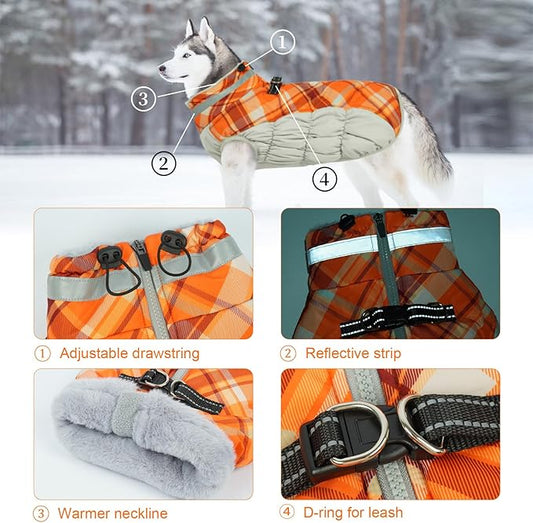 Lelepet Warm Dog Winter Coat Dog Coats for Small Dogs Waterproof Dogs Jacket with Harness Built in Reflective Cold Weather Coats Windproof Zip-Up Winter Fleece Vest Snowsuit Yorkie Orange Plaid S