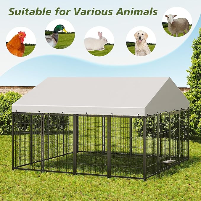 Dog Crate Dog Kennel Outdoor W/Roof,Large Dog Cage W/Adjustable Height Rotating Feeder & 2 Stainless Steel Bowls,Dog Pens Outside W/Double Door Lock,for Yard,Black(9.62x9.35x6.18 FT)