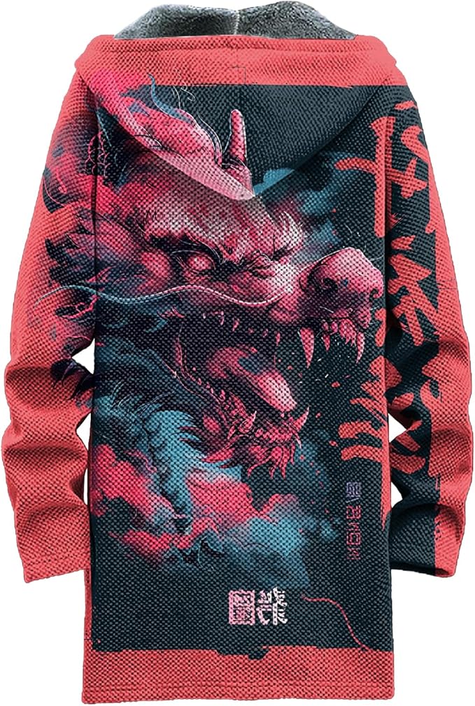 MARSVOVO Cool Hippie Long Cardigan Hoodies for Men Zipper Fleece Lined Knit Coat Skull Animal Print Graphic Jackets