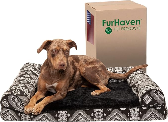 Furhaven Memory Foam Dog Bed for Large/Medium Dogs w/ Removable Bolsters & Washable Cover, For Dogs Up to 55 lbs - Plush & Southwest Kilim Woven Decor Sofa - Black Medallion, Large