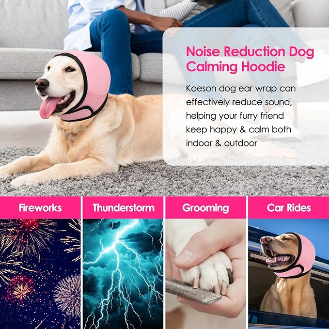 KOESON Dog Calming Hoodie - No Shake Ear Wraps for Dogs, Anxiety Relief & Noise Protection, Water Resistant Pet Ear Cover Muffs for Firework, Grooming, Thunderstorms, Swimming, Bathing, Light Pink S
