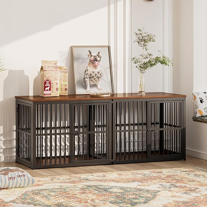 Lyromix 66'' Dog Crate Furniture with Double Rooms,Wooden Crate TV Stand with Removable Divider, Heavy Duty Indoor Puppy Cage Kennel for Small to Medium Dogs, Can Use Separately, Walnut