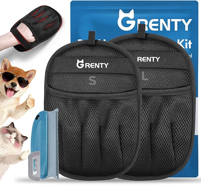 GRENTY Pet Hair Removal Glove for Dogs & Cats (2 PCS), Upgraded Five-Finger Electrostatic Magic Brush Pet Hair Remover, Pet Hair Removal Tools for Clothing, Carpet, Sofa Gaps, Car Seat