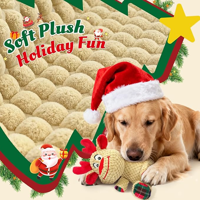 Christmas Dog Toys - Cute Reindeer Durable Squeaky Plush Dog Toy for Small, Medium & Large Dogs, Soft Xmas Gift for Pets