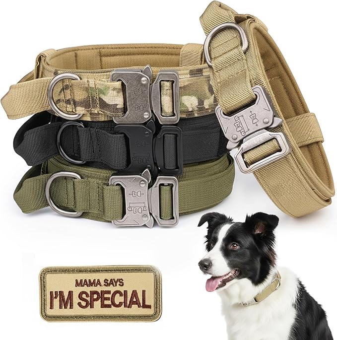KCUCOP Tactical Dog Collar with Handle,Adjustable Military Dog Collar with Metal Buckle and Patches,Heavy Duty Dog Collars for Medium Dogs (Brown-M)