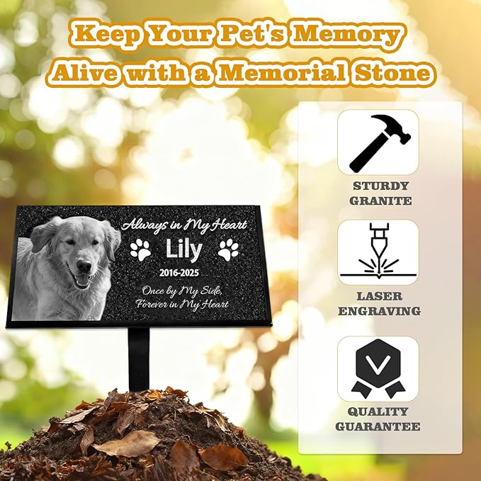 QYH Personalized Pet Memorial Stones with Picture - Dog Memorials & Funerary, Black Granite Memorial Garden Stone Laser Engraved Pet's Photo Pet Grave Markers Gifts for Loss of Dogs Cats (Black-JG)