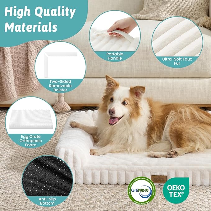 Cute Dog Bed, Faux Fur Orthopedic Foam Dog Bed with Sides, Removable Washable Cover & Waterproof Lining, Comfortable Pet Couch for Extra Large Dogs, Cream (48" L x 35" W x 7.5" Th)