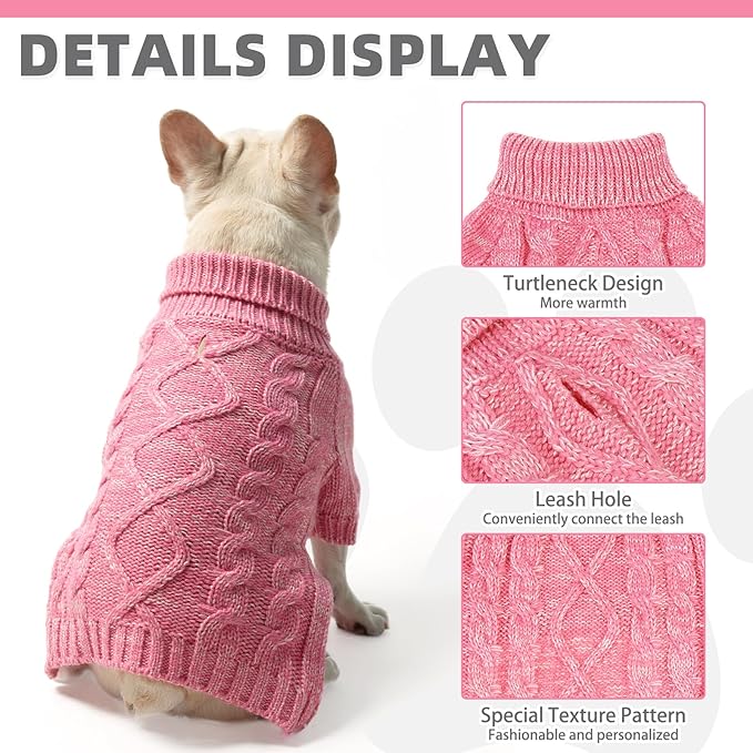 KOOLTAIL Dog Sweater for Large Medium Small Dogs, Fall Dog Sweaters, Turtleneck Cable Knitwear Pet Cold Weather Coats with Leash Hole, Warm Winter Pullover Clothes for Bulldog, Yorkie,Boy Girl,Pink SM