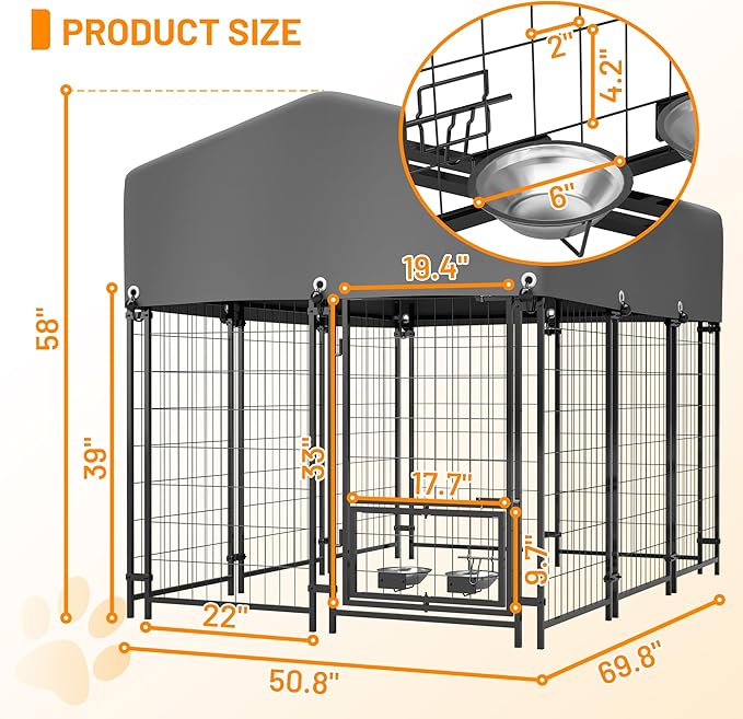 Dog Crate Dog Kennel Outdoor W/Roof,Dog Cage W/ 360°Rotating Feeder & Secure Lock,Weatherproof Dog Pens Outside W/Flexible Clamps,for Garden Yard,Grey(4.23x5.82x4.83 FT)