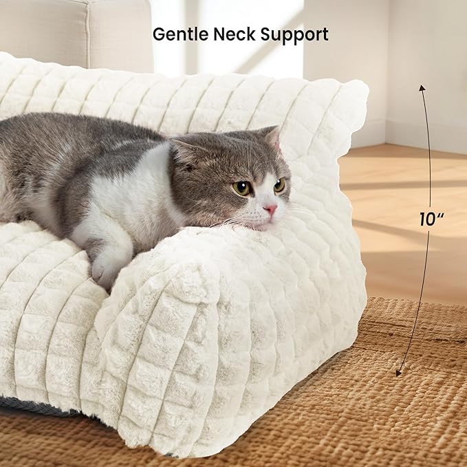Cute Dog Couch Bed for Small Medium Dogs Cats- Supportive & Fluffy Faux Rabbit Fur Pet Beds, Washable Furry Puppy Beds with Removable Zipper Cover, 37x27x10 inches, Off White
