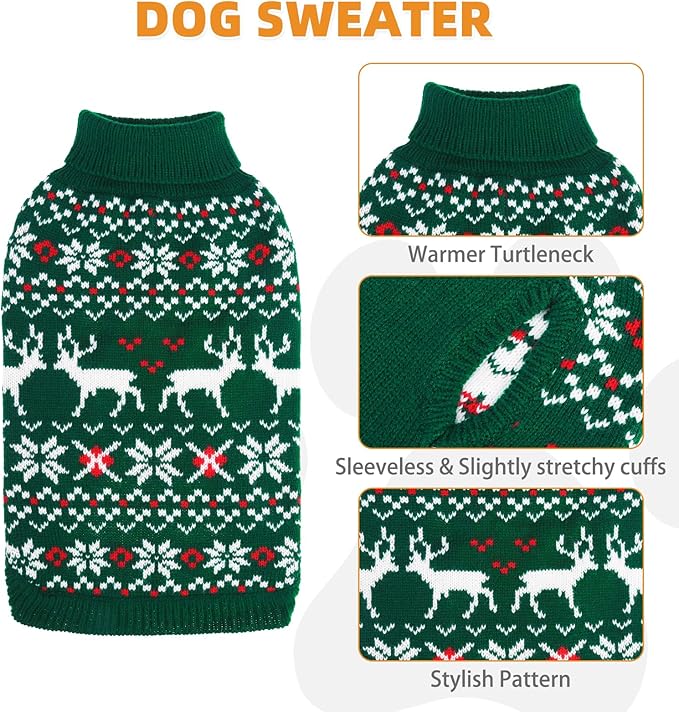 KOOLTAIL Dog Christmas Sweater, Cold Weather Pullover Classic Knitwear, Reindeer Snowflake Pattern Thick Warm Winter Pet Clothes, Cable Knit Sweaters for Small Medium Large Dogs Boy Girl, Green XL