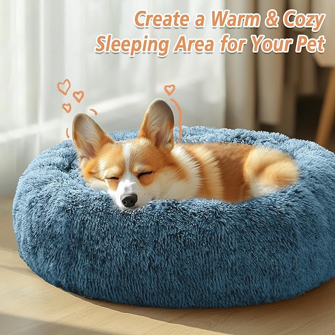 JOLLYVOGUE Small Dog & Cat Beds for Indoor Cats, Donut Cuddler Warming Soft Dog Beds with Anti-Slip Bottom, Round Calming Fluffy Plush Faux Fur Cushion Bed for Small Dogs (23", Blue)