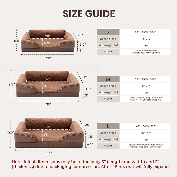 Orthopedic Dog Beds for Medium Size Dogs, Waterproof Egg-Crate Foam Pet Couch Bed with Soft Sides, Non-Slip Dog Sofa with Fleece Removable Washable Cover, 35" L Supportive Pet Sofa, Brown