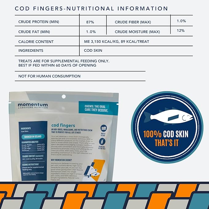 Momentum Carnivore Nutrition Cod Fingers Dog Treats – Single Ingredient Icelandic Cod Skin – Natural Dental Support, High-Protein Fish Chews– Healthy Dog & Cat Treats – 4 oz Bag