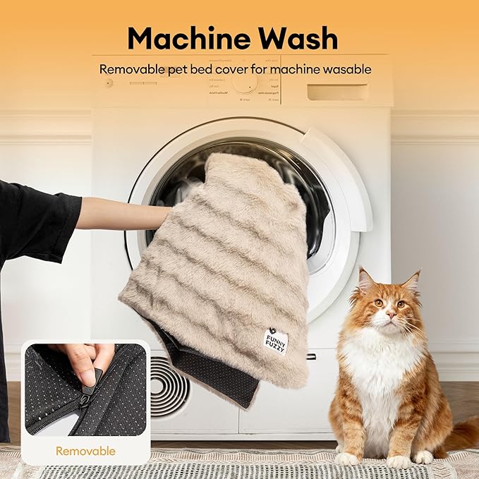 FUNNY FUZZY Self Warming Cat Bed, Waterproof Self Heating Pad for Cats & Dogs, Cozy Plush Warm Pet Mat with Removable Washable Cover - ThermoPad, 31.5"×25", Khaki