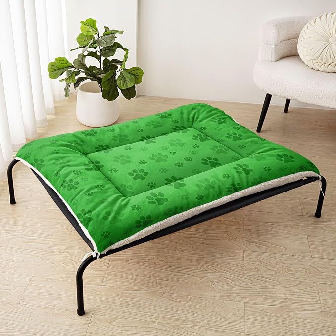 Dog Crate Bed Washable Crate Pad Cartoon Paw Green Printed Soft Fluffy Pet Sleeping Mat for Large Medium Small Animals(Paw-5 L)