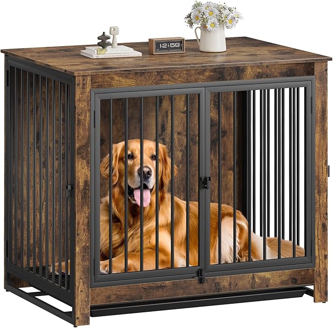 Dog Crate Furniture, 42 InchI ndoor Large Dog Kennel for Medium to Large Dogs Up to 70 LBS, Heavy Duty Wooden Pet Cage End Table with 3 Doors, Alloy Steel Frame & Removable Tray