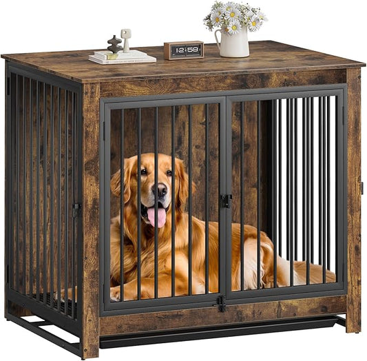 Dog Crate Furniture, 42 InchI ndoor Large Dog Kennel for Medium to Large Dogs Up to 70 LBS, Heavy Duty Wooden Pet Cage End Table with 3 Doors, Alloy Steel Frame & Removable Tray