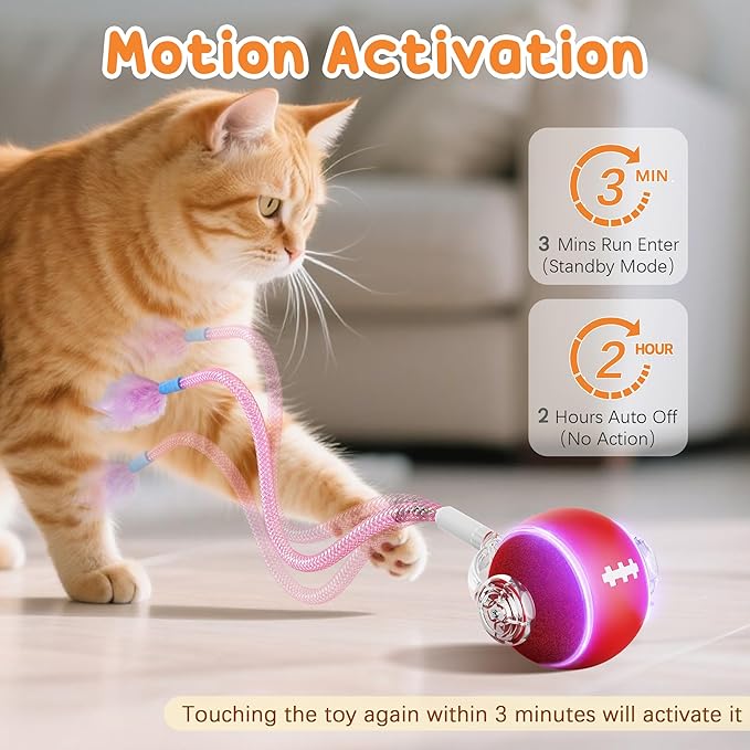 PANRIO Interactive Cat Toys for Indoor Cats,3 Modes Electric Moving Cat Ball with Feather Tail,800MAH Large Capacity & Low Noise,Automatic Kitten Toys for Bored Indoor Adult Cats