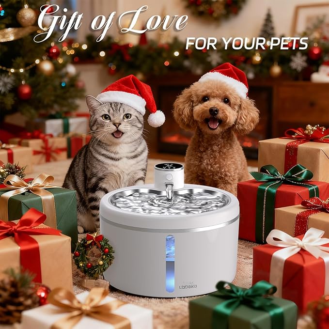 Wireless Cat Water Fountain with Stainless Steel Tray, 102oz/3L Pet Water Fountain for Cats Inside, Cat Fountain for Drinking with Motion Sensor, Ultra Quiet Pump, Cats & Dogs Gifts (2Filters)