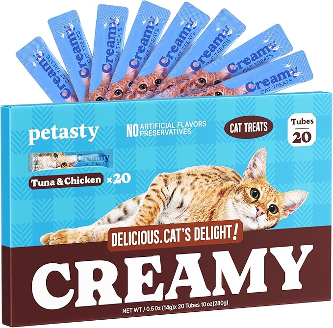 PETASTY Lickable Cat Treats, High Moisture Hydrating Creamy Puree Squeeze Tubes, Tuna & Chicken, 20 Tubes 0.5oz, Grain-Free, Omega Oils & Vitamin E, Skin&Coat Health, Digestive and Immune Support