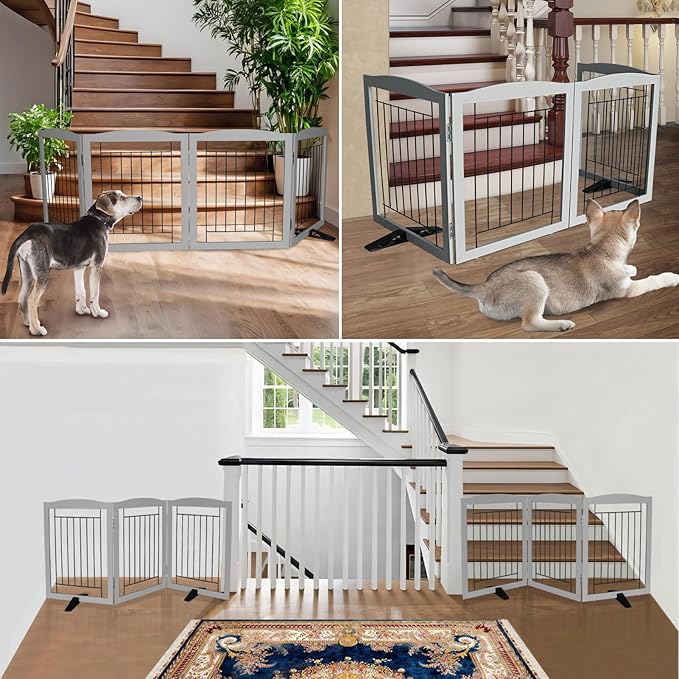 ZJSF Freestanding Dog Fence Indoor, Foldable Dog Gate for Doorways, Stairs or Hallways, Sturdy Wood Extra Wide Pet Gate with Support Feet for The House, Grey, 24 "Height-2 Panels