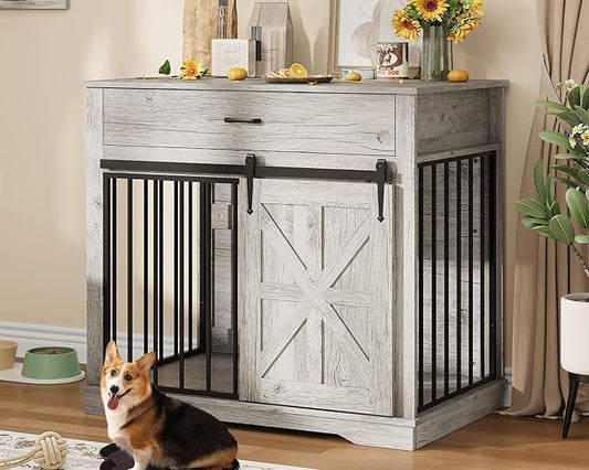 37.8" Dog Crate Furniture for Small Medium Dogs, 2-in-1 Iron-Wood Fusion Dog Cage Indoor As Side End Table, Farmhouse Dogs Kennel with Sliding Barn Doors & Drawer, Grey