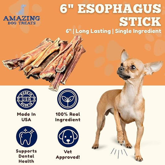 Amazing Dog Treats Gullet Sticks for Dogs- (6 Inch - 20 Count) - Jerky Chews for Dogs - Esophagus Beef Gullet