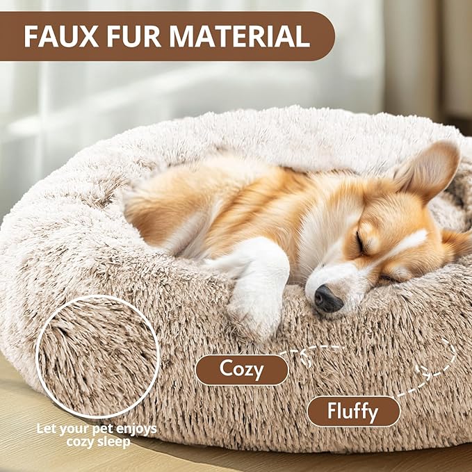 JOLLYVOGUE Small Dog & Cat Beds for Indoor Cats, Donut Cuddler Warming Soft Dog Beds with Anti-Slip Bottom, Round Calming Fluffy Plush Faux Fur Cushion Bed for Large Dogs (36")