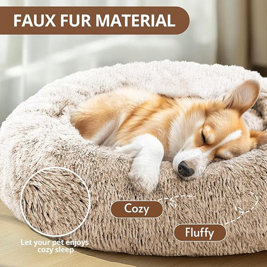 JOLLYVOGUE Small Dog & Cat Beds for Indoor Cats, Donut Cuddler Warming Soft Dog Beds with Anti-Slip Bottom, Round Calming Fluffy Plush Faux Fur Cushion Bed for Large Dogs (36")