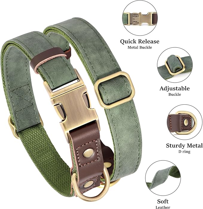Didog Soft PU Leather Dog Collar for Large Dogs,Classic Adjustable Dog Collars with Quick Release Metal Buckle,Easy Clean and Comfortable with Nylon Lining,Green,XL Neck 17-26", Width 1¼''