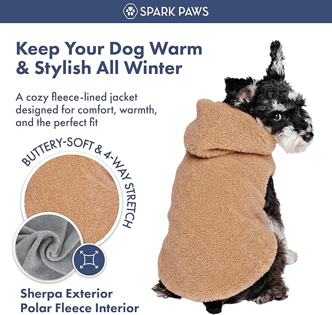 Spark Paws Fleece Dog Jacket, Hooded Sweater Vest, Warm Coat for Winter - Suitable for Small Medium Large XL XXL Breeds - Brown - M