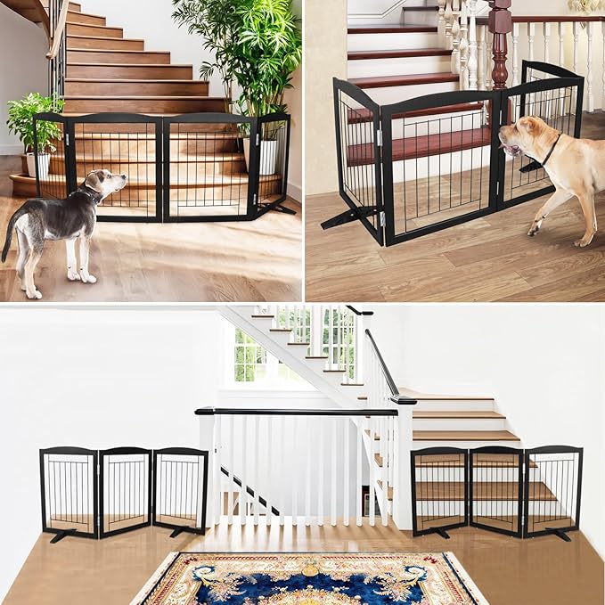 ZJSF Freestanding Dog Fence Indoor, Foldable Dog Gate for Doorways, Stairs or Hallways, Sturdy Wood Extra Wide Pet Gate with Support Feet for The House, Black, 32 "Height-4 Panels