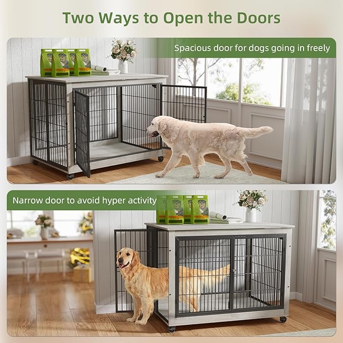 43" Movable Extra Large Dog Crate, Wooden Furniture Dog Crate with Top Access for Teasing/Feeding, 4 Rotating Wheels, Heavy-Duty Large Dog Kennel Indoor as End Table, Chew-Resistant, Gray
