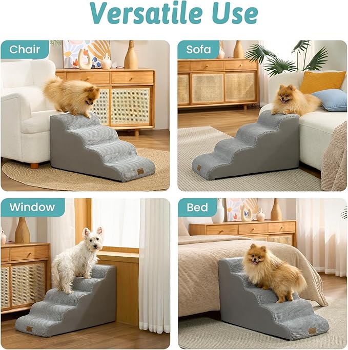 Dog Stairs for Small Dogs 19.7" H, 5-Step Slope Dog Steps for Bed, Couch or Chair, Sturdy Pet Ramp for Puppy, Older Cat, Pet Ladder with High Density Foam, 15.7x33x19.7 inch, Gray