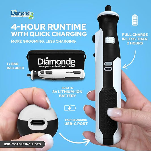 Diamondg Cordless Dog Nail Grinder with Quiet Sound & LED Tip for Large & Small Dogs, 4hrs. Runtime, 2 Bits Included, White