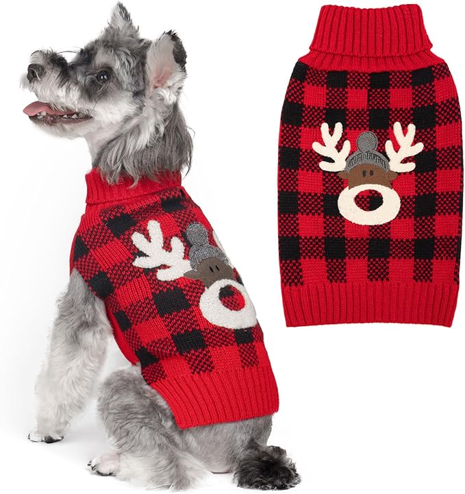 KYEESE Dog Christmas Sweater with Reindeer Pattern, Cozy Holiday Outfit, Turtleneck Dog Sweater for Small Dogs with Leash Hole, Red Buffalo Plaid Knitwear, Soft Warm Festival Dogs Clothes, Large