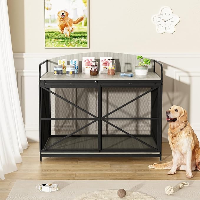 Large Furniture Dog Crate, Dog Kennel Indoor, Wood Dog Cage Table, Heavy Duty Dog Crate, Sturdy Metal,Gray