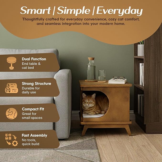 Modern Wooden Cat Bed End Table for Indoor Cats – 15.7"x15.3"x15.7" Cat House Side Table with Cushion – Stylish Nightstand Cat Condo for Bedroom or Living Room – Compact Pet Hideaway Furniture