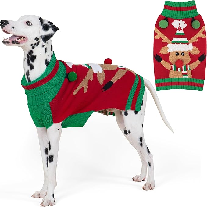 KYEESE Dog Christmas Sweater with Reindeer Pattern, Large Pet Christmas Clothes with Leash Hole, Cozy Holiday Dog Sweater for Large Dogs, Soft Warm Pet Clothes, XXX-Large