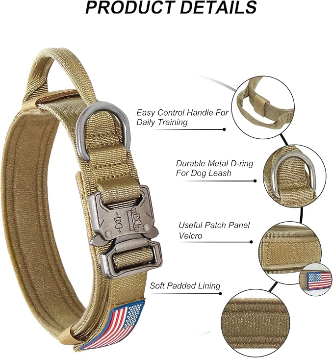 Hotsky Tactical Dog Collar, Adjustable Military Training Nylon Airtag Collar with Handle and Heavy Duty Metal Buckle for Medium Large Dogs, with Airtag Holder and Two Patches （Brown,XL）