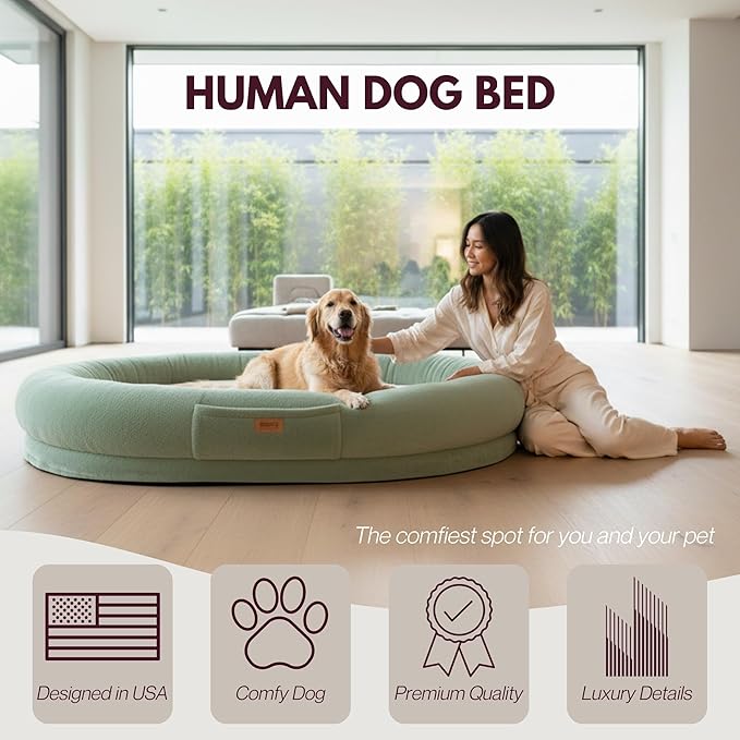 Human Dog Bed for Adults & Pets – Extra Large Cozy Lounger with Ultra-Soft Plush Fabric, Premium Egg Crate Foam & Removable Washable Cover – Oversized Pet Bed for Relaxation & Bonding (Green & Beige)