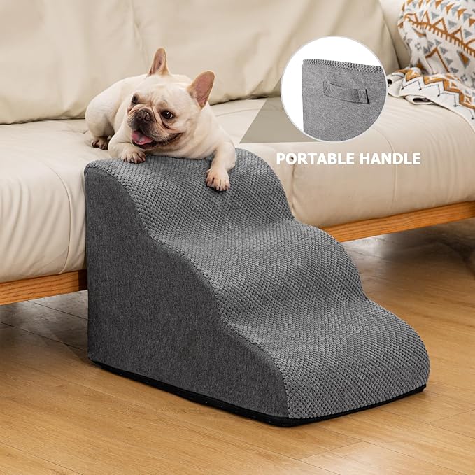 Dog Ramp and Stairs for Small Dogs & Cats,3-Step Pet Stairs for Couch Sofa and Chair,Indoor Anti-Slip Dog Stairs for Old Cats and Puppy,Grey