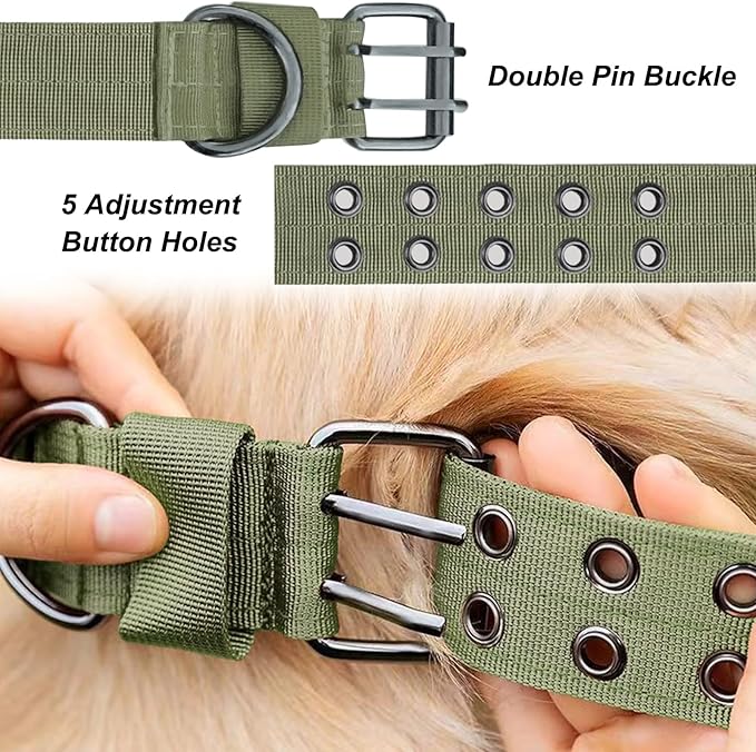 JSXD Tactical Dog Collar,Military Grade Nylon with Soft Padded Lining,1.5 inch Wide,Metal Buckle with 5 Adjustable Points,Heavy Duty Dog Collar for Medium Large Dogs (Green, Large)