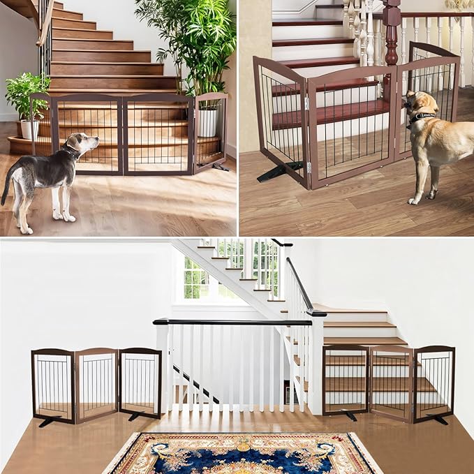 ZJSF Freestanding Dog Fence Indoor, Foldable Dog Gate for Doorways, Stairs or Hallways, Sturdy Wood Extra Wide Pet Gate with Support Feet for The House, Brown, 24 "Height-6 Panels